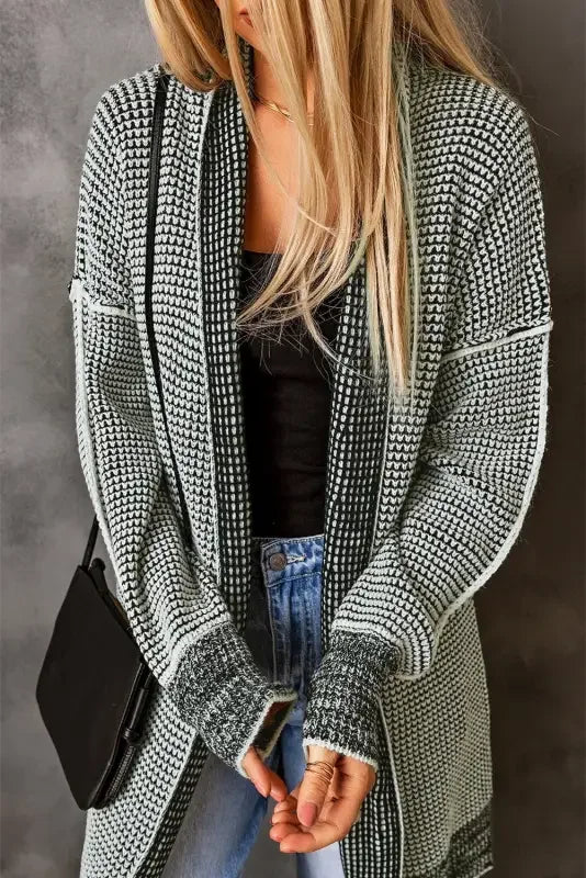 Fashionsarah Gray and White Duster Cardigan with pockets, stylish knit pocketed cardigan