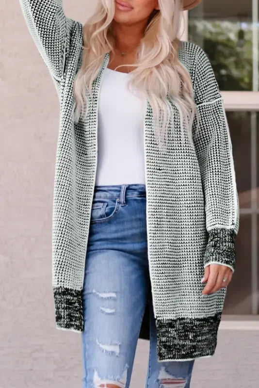 Fashionsarah gray and white knee-length open-front duster cardigan with knit pockets