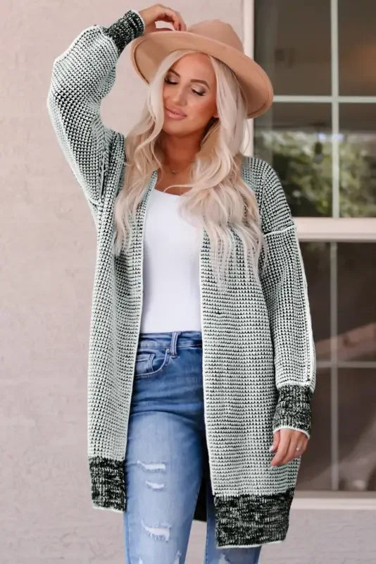 Woman wearing fashionsarah Gray and White Duster Cardigan, stylish knit pocketed cardigan