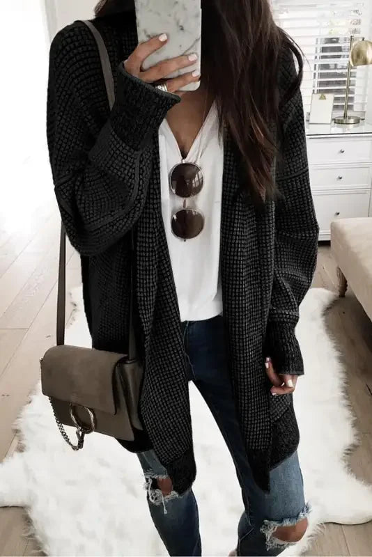 Fashionsarah Gray and White Duster Cardigan featuring stylish dark knit pocketed cardigan