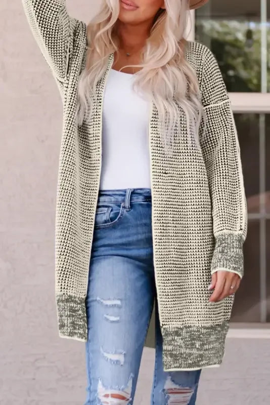 Fashionsarah Gray and White Duster Cardigan, knee-length knit pocketed duster cardigan