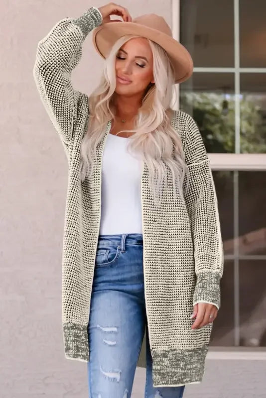 Fashionsarah Gray and White Duster Cardigan, knit pocketed cardigan for women