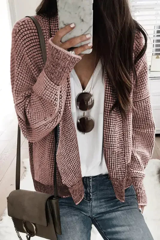 Pink waffle-knit duster cardigan with pockets from Fashionsarah Gray and White Duster Cardigan