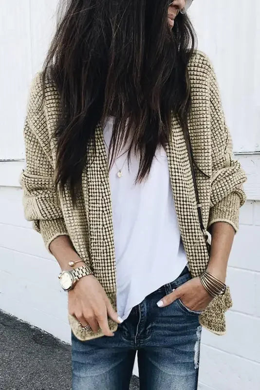 Woman’s casual outfit featuring Fashionsarah Gray and White Duster Cardigan with knit pockets
