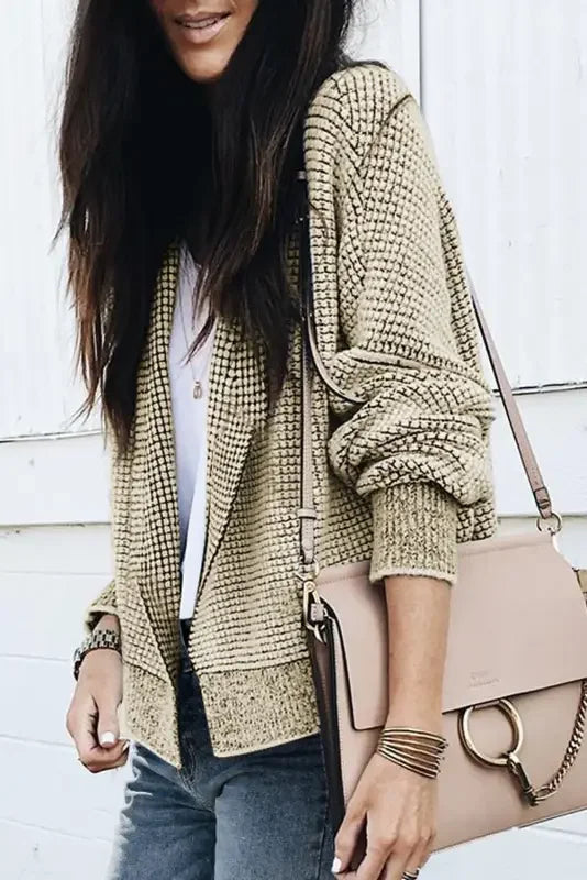 Fashionsarah Gray and White Duster Cardigan with beige pattern and knit pockets