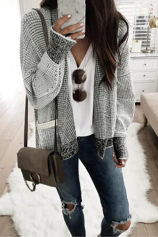 Fashionsarah Gray and White Duster Cardigan, knit pocketed duster cardigan with ripped jeans
