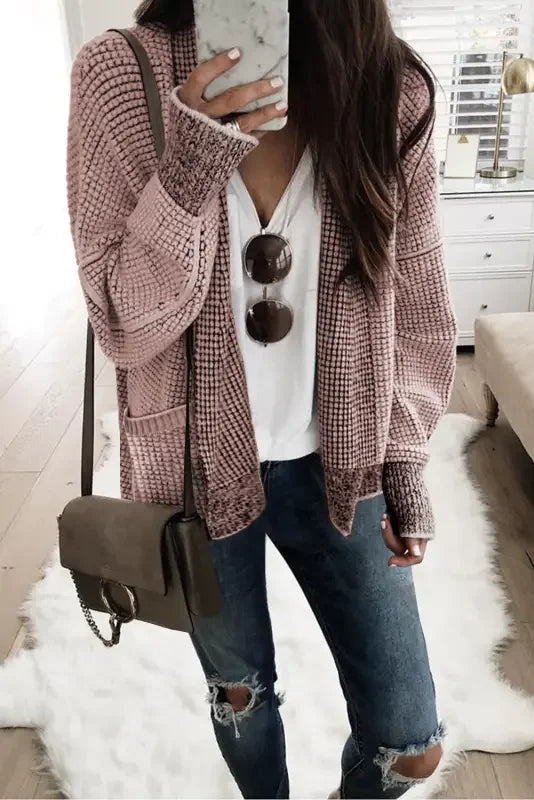 Pink and brown knit pocketed duster cardigan from Fashionsarah Gray and White Collection