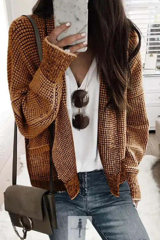 Brown knit pocketed duster cardigan from Fashionsarah for a stylish look