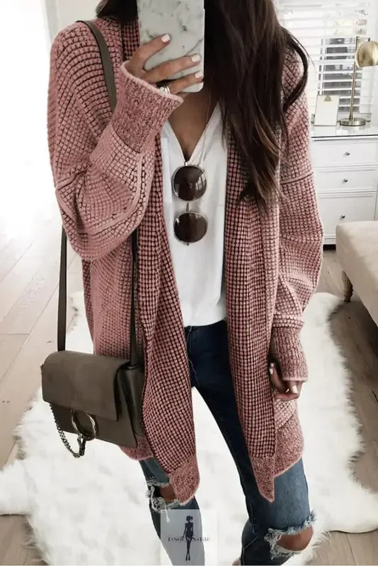 Pink knit pocketed cardigan from Fashionsarah Gray and White Duster Cardigan collection