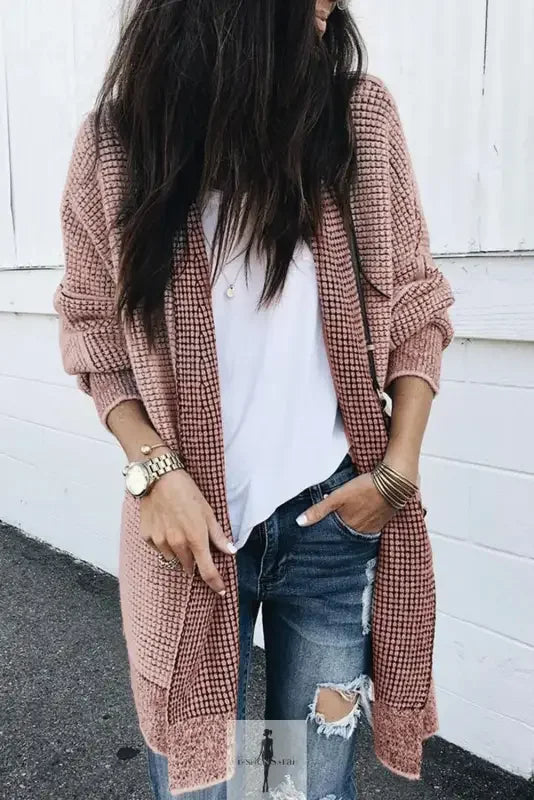Long pink patterned duster cardigan with knit pockets from Fashionsarah
