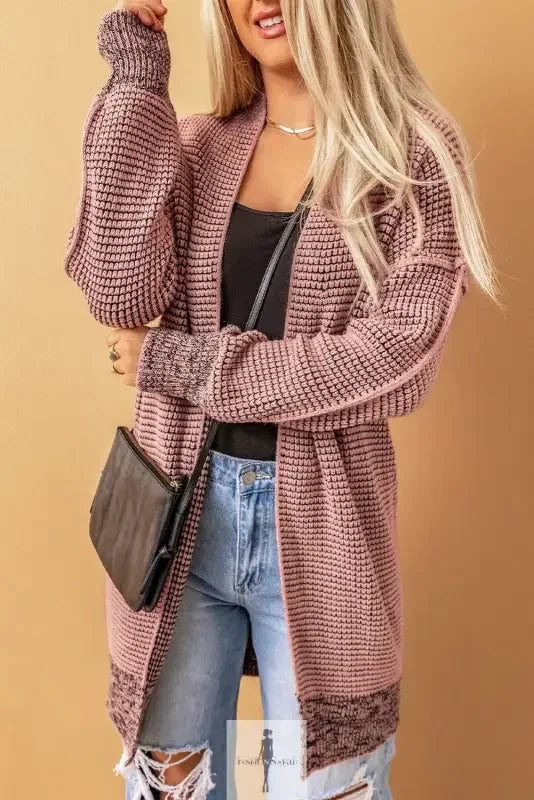 Pink knit pocketed duster cardigan from Fashionsarah Gray and White Duster Cardigan