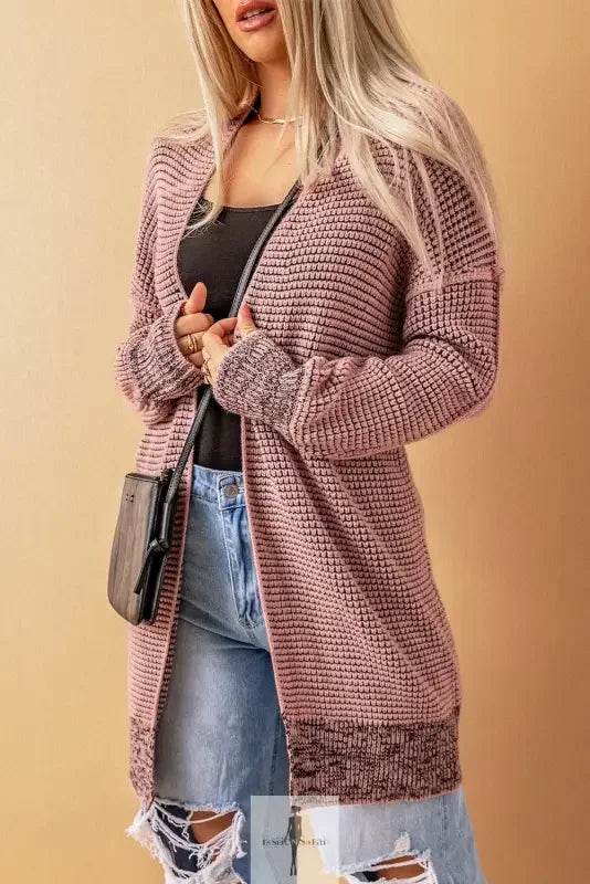 Pink knit pocketed duster cardigan from Fashionsarah Gray and White Duster Cardigan