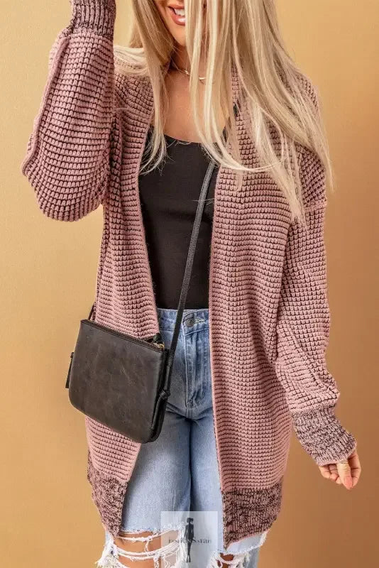 Mauve knit pocketed duster cardigan by Fashionsarah displayed in the Gray and White Duster Cardigan product image