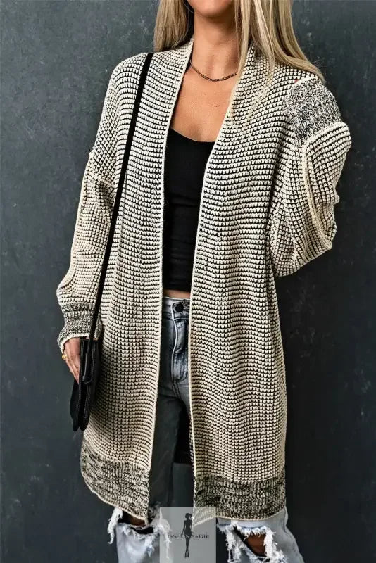 Fashionsarah Gray and White Duster Cardigan, knit open-front duster cardigan with pockets