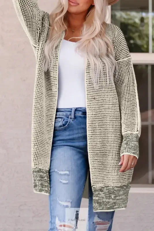 Fashionsarah Gray and White Duster Cardigan Knit open-front pocketed cardigan