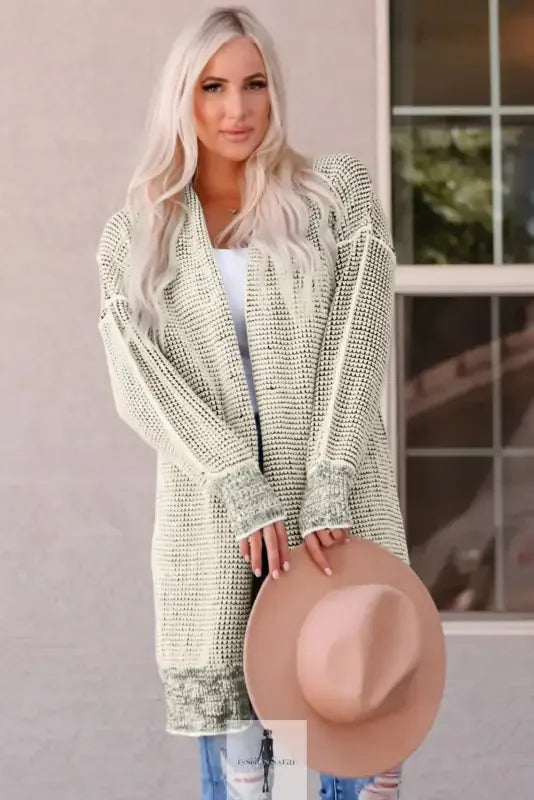 Fashionsarah Gray and White Duster Cardigan, long open-front knit pocketed cardigan