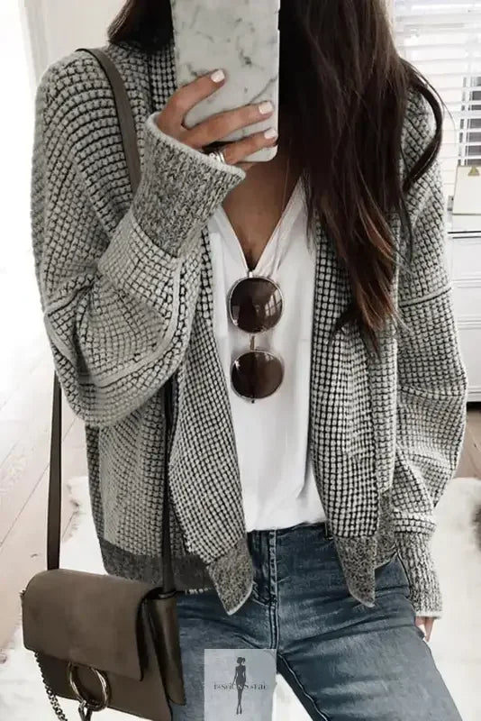 Fashionsarah Gray and White Duster Cardigan with checkered knit pattern and pockets