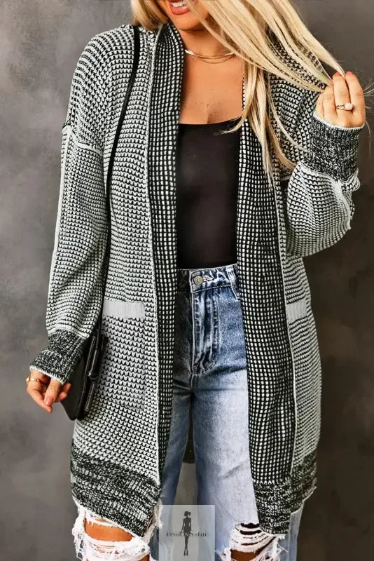 Open-front knit pocketed duster cardigan by Fashionsarah in gray and white colors