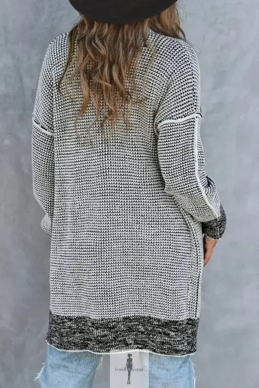 Fashionsarah Gray and White Duster Cardigan featuring black and white knit pocketed design