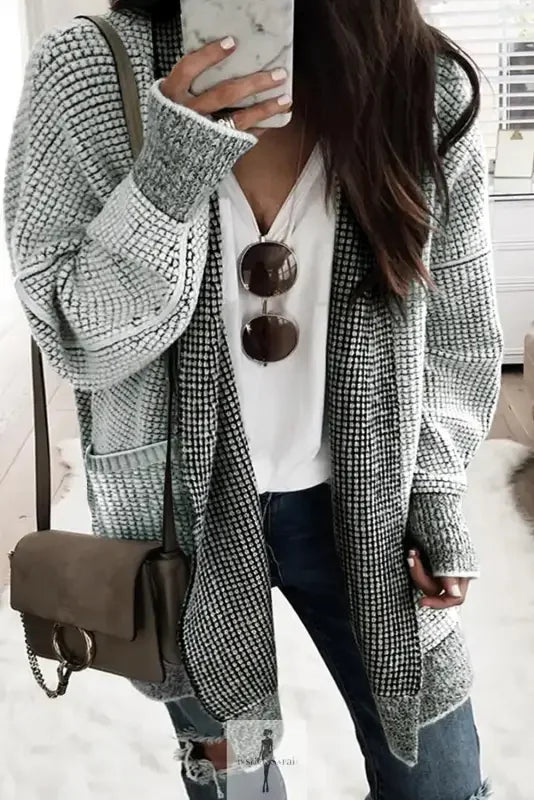 Fashionsarah Gray and White Duster Cardigan, knit pocketed cardigan for women