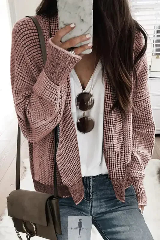 Pink waffle-knit duster cardigan with knit pockets from Fashionsarah Gray and White Collection