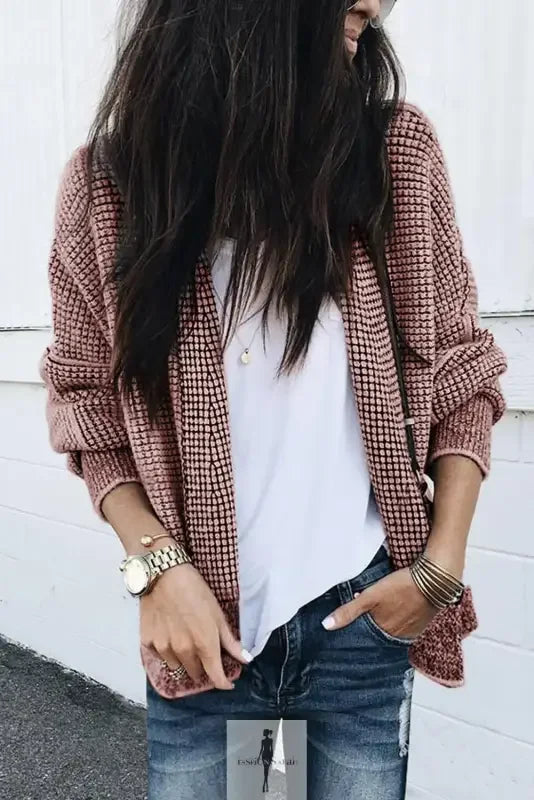 Pink and black checkered duster cardigan from Fashionsarah, knit pocketed cardigan style