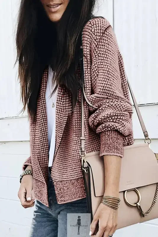 Textured pink open-front duster cardigan with knit pockets from Fashionsarah