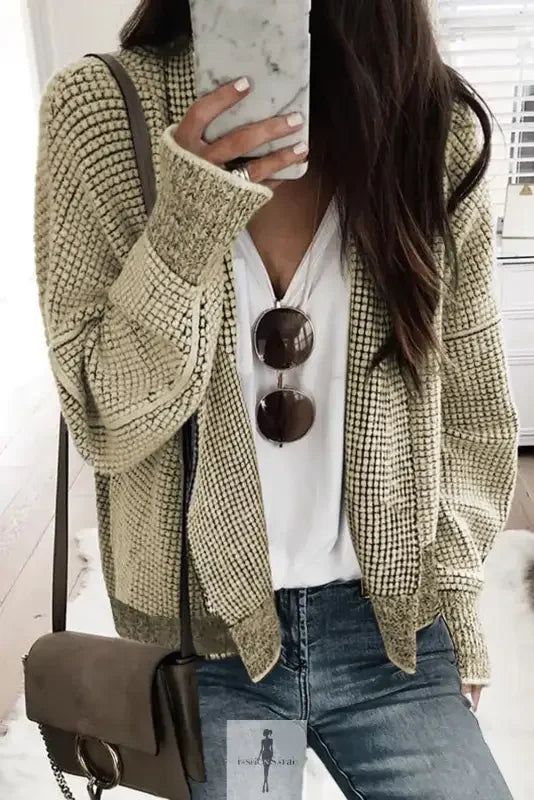 Textured knit pocketed duster cardigan from Fashionsarah in Gray and White