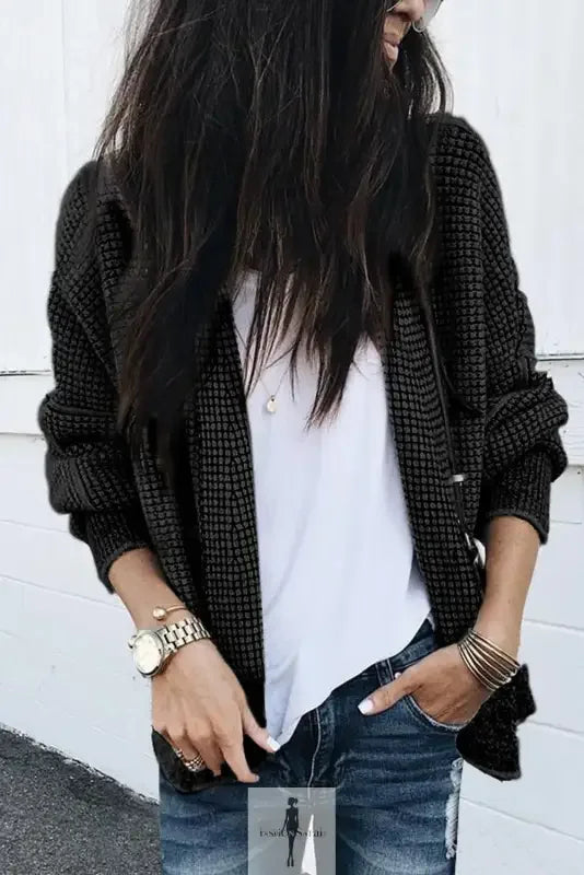 Woman’s casual outfit featuring Fashionsarah Gray and White Duster Cardigan with knit pockets