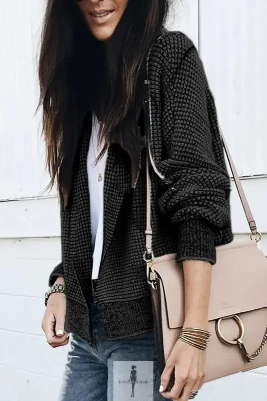 Black waffle-knit duster cardigan with knit pockets from Fashionsarah
