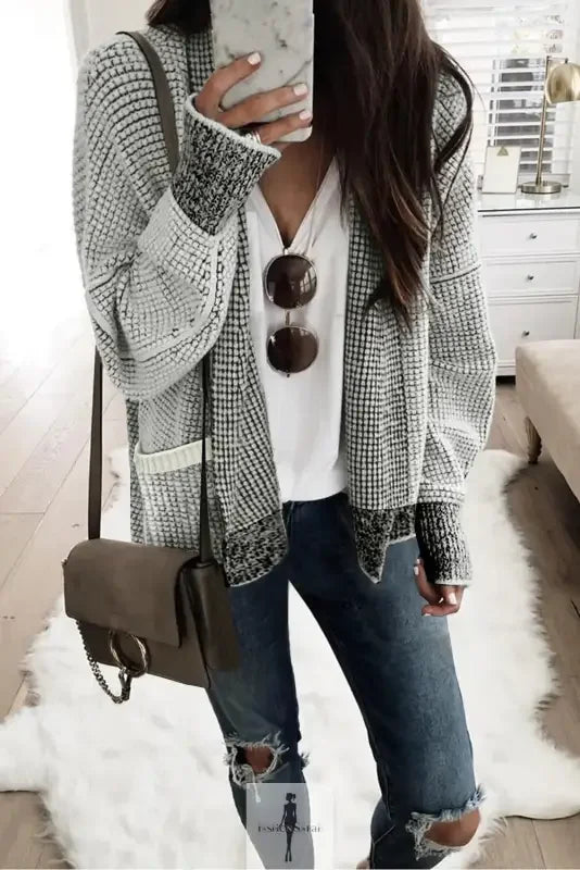 Fashionsarah Gray and White Duster Cardigan, knit pocketed cardigan for women