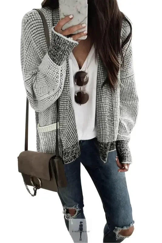 Fashionsarah gray and white knit pocketed duster cardigan for women