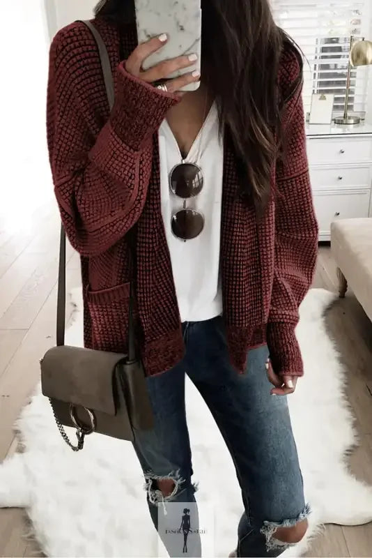 Fashionsarah Burgundy knit pocketed duster cardigan for women