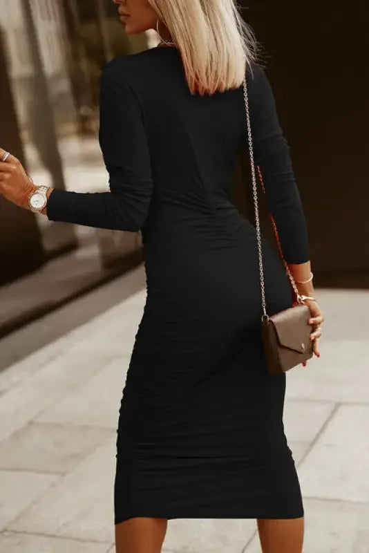 Black ruched surplice long sleeve midi dress from Fashionsarah perfect for elegant occasions