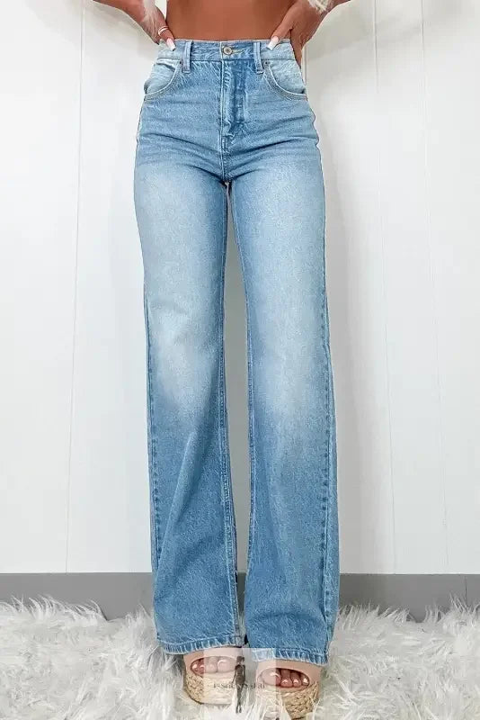 Light wash wide-leg high rise straight jeans displayed in High Rise Straight Jeans product image