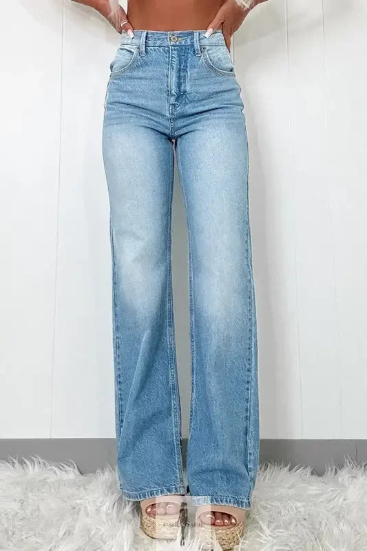 Light wash wide-leg high rise straight jeans displayed in High Rise Straight Jeans product image