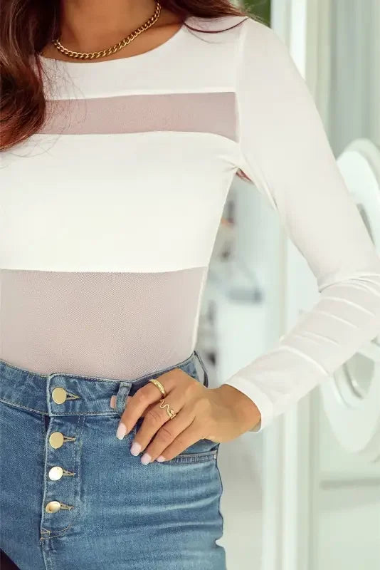 White Mesh Patchwork Long Sleeve Bodysuit | Fashionsarah.com