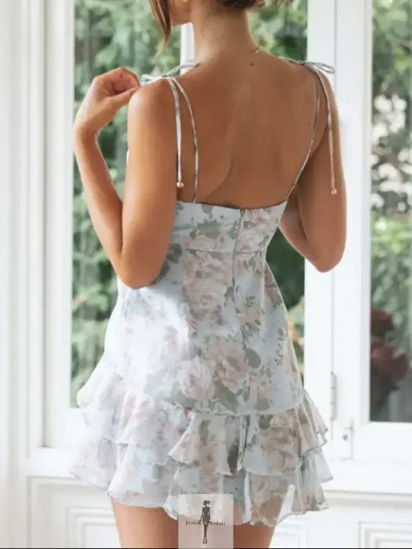 Floral print ruffle mini dress with tied printed sweetheart neck and cami design