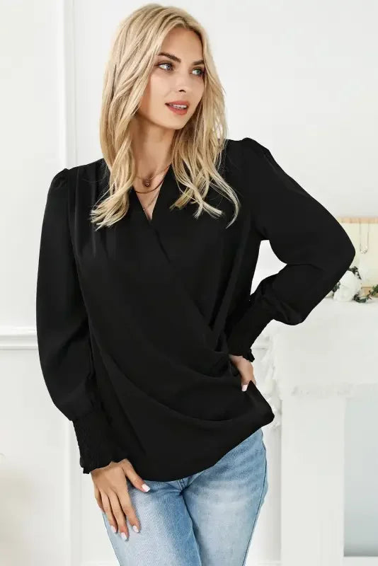 Black Shirred Cuffs Draped Blouse with Solid Surplice Neck and long sleeves