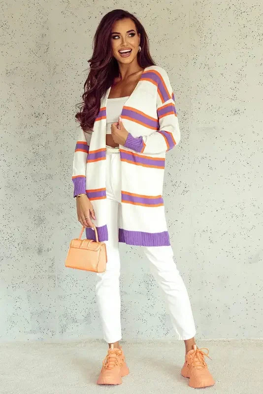 Woman wearing a stylish multicolor striped cardigan outfit showcasing the multicolor striped cardigan