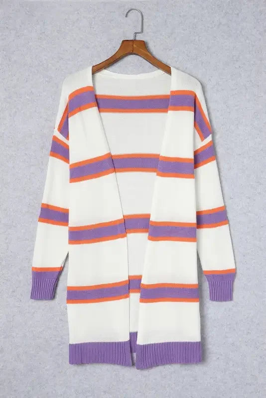 Multicolor striped cardigan with open front, stylish multicolor striped design