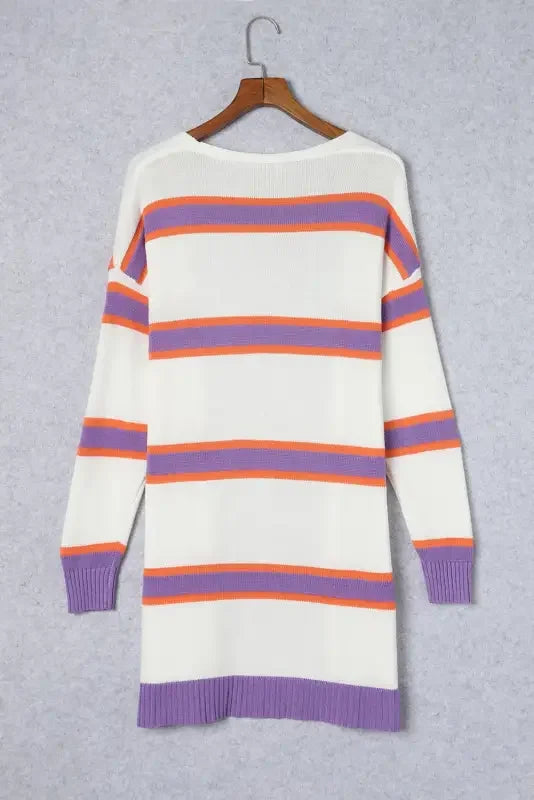 Multicolor striped cardigan displayed as a striped knit sweater dress for elegant styling