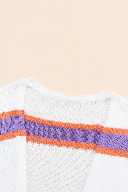 White knit multicolor striped cardigan with purple and orange accents for women