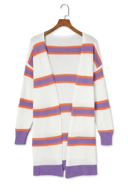 Multicolor striped cardigan featuring a white and purple design for a stylish look