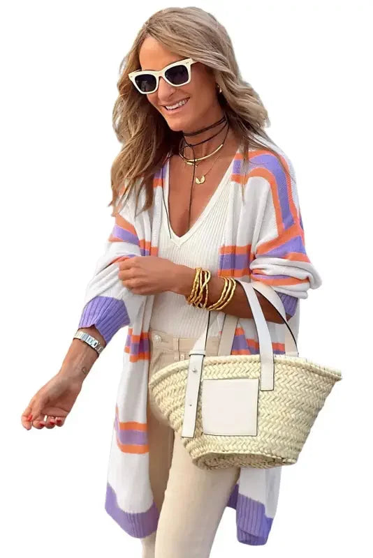 Multicolor striped cardigan with straw tote perfect for casual style and comfort