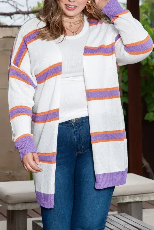 Multicolor striped cardigan sweater, perfect for casual wear and versatile styling