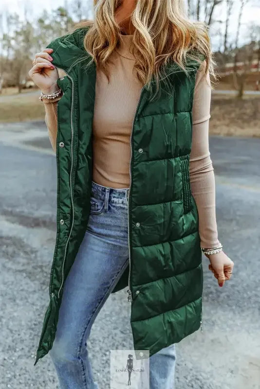 Green Hooded Long Quilted Vest Coat featuring a long quilted vest design and green hooded style