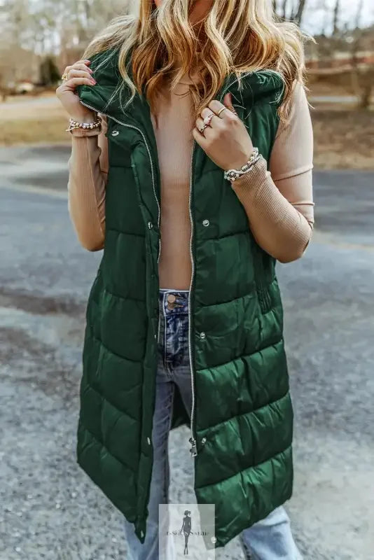 Green Hooded Long Quilted Vest Coat featuring a stylish long quilted vest design