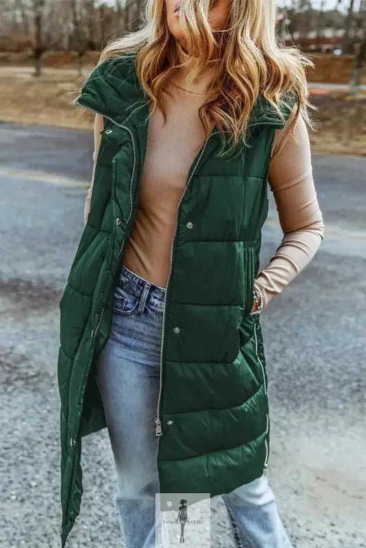 Green hooded long quilted vest coat showcasing a stylish long quilted vest design