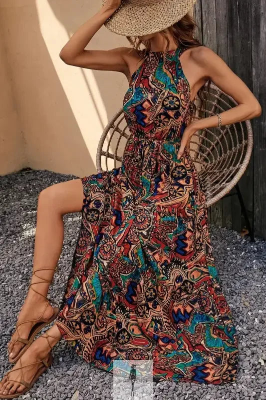 Colorful paisley halter maxi dress showcasing tied floral sleeveless dress fashion from Fashersarah